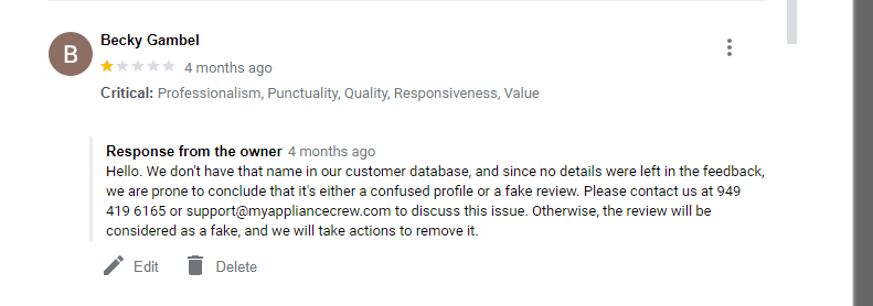 negative review for an appliance repair company