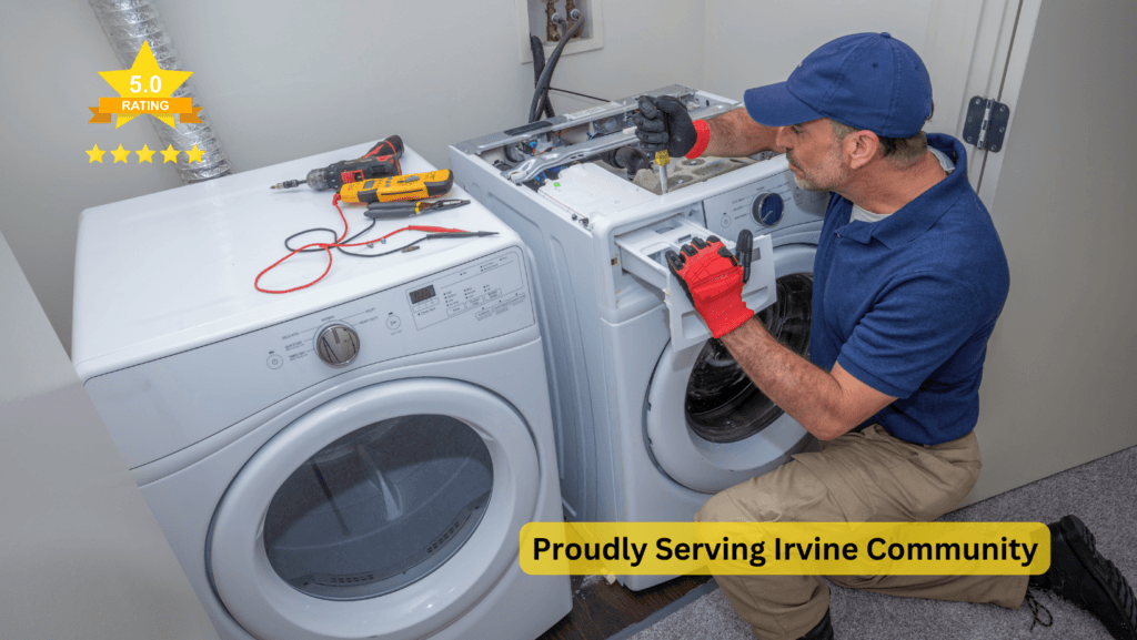 Appliance technican is fixing the washer 
